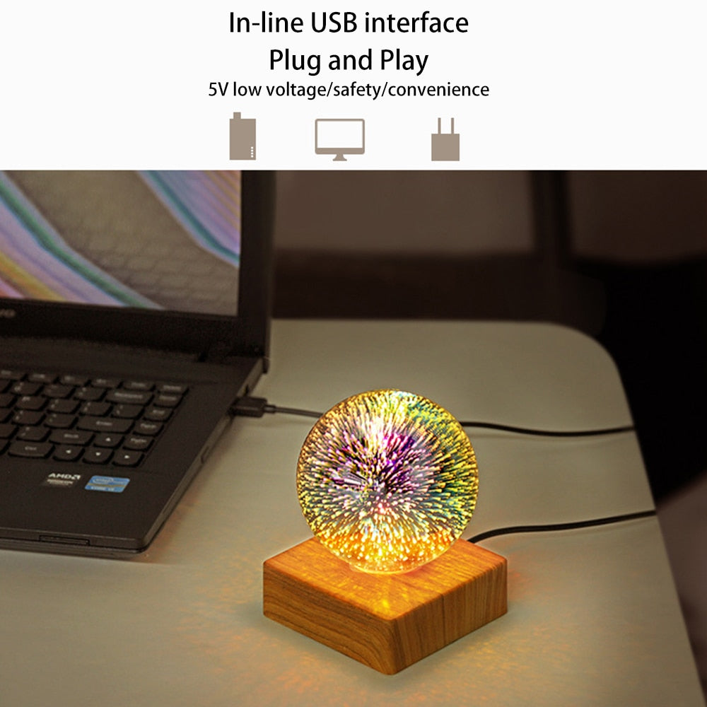 USB Magic Glass Ball LED Night Light with Wood Base